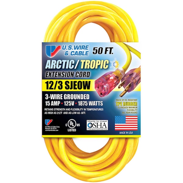 U.S. Wire & Cable SJEOW Extension Cord, 12 AWG, Outdoor, 12/3, 1 Outlets, 5-15R, Blue, TPE, 5-15P, 50 ft 99050 - main